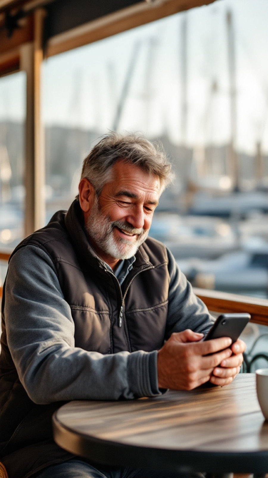 A yacht owner reading his monthly charter statement on his phone at a marina café