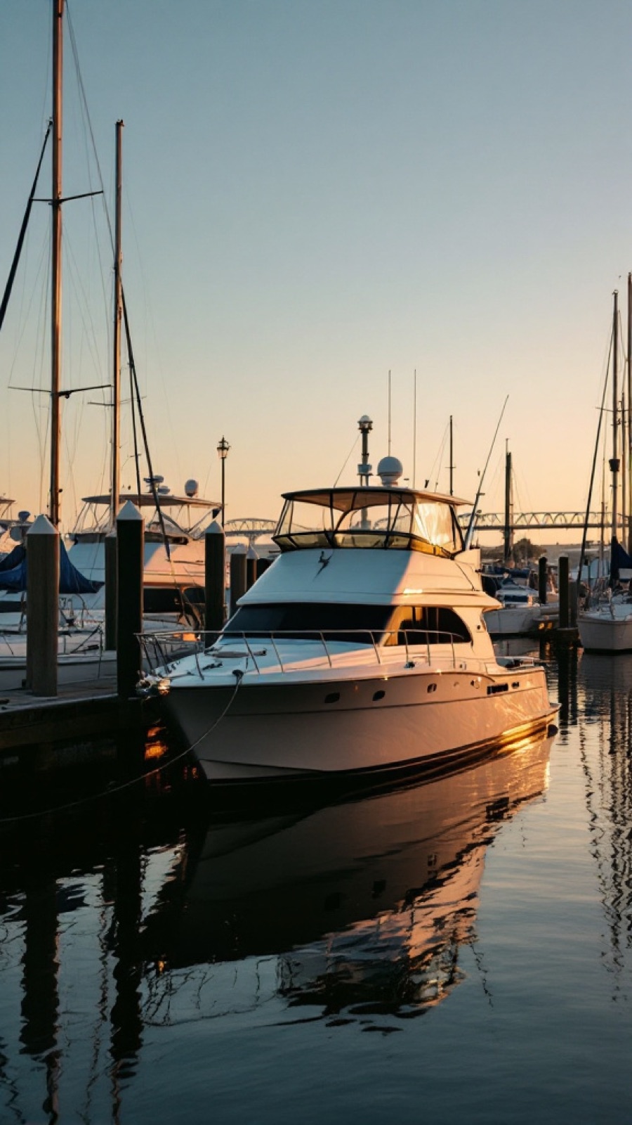 A motor yacht sitting quietly in its slip at golden hour